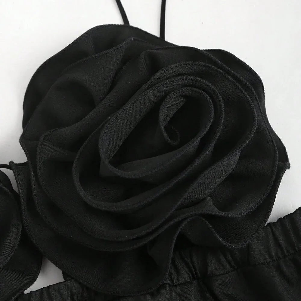 Black Sexy Women's Hollow Out Front Tank Top With 3d Flower Decor